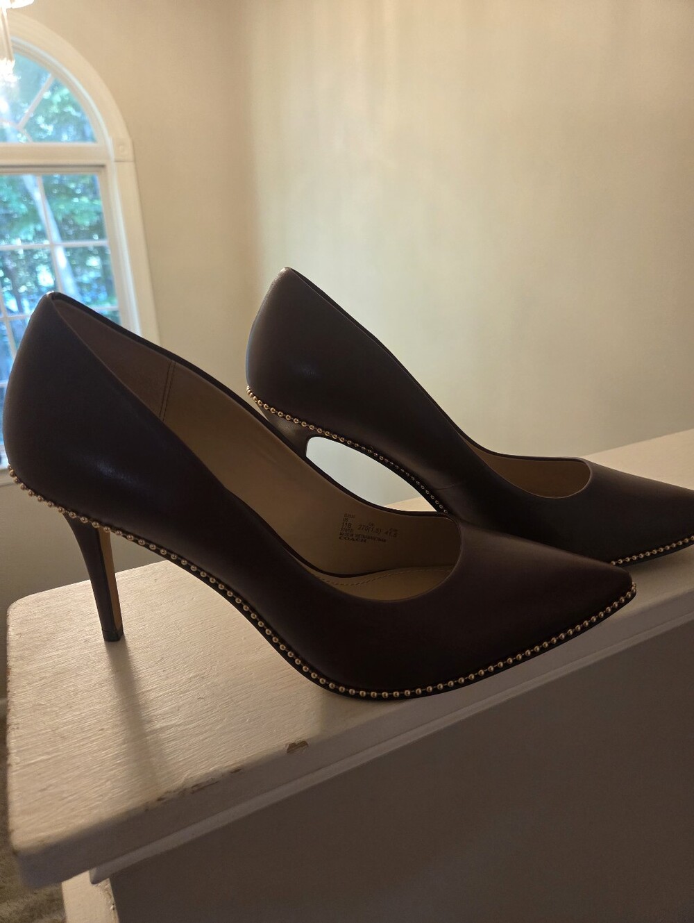 Coach Dark Burgundy Pointed-Toe Pumps with Gold Bead Trim